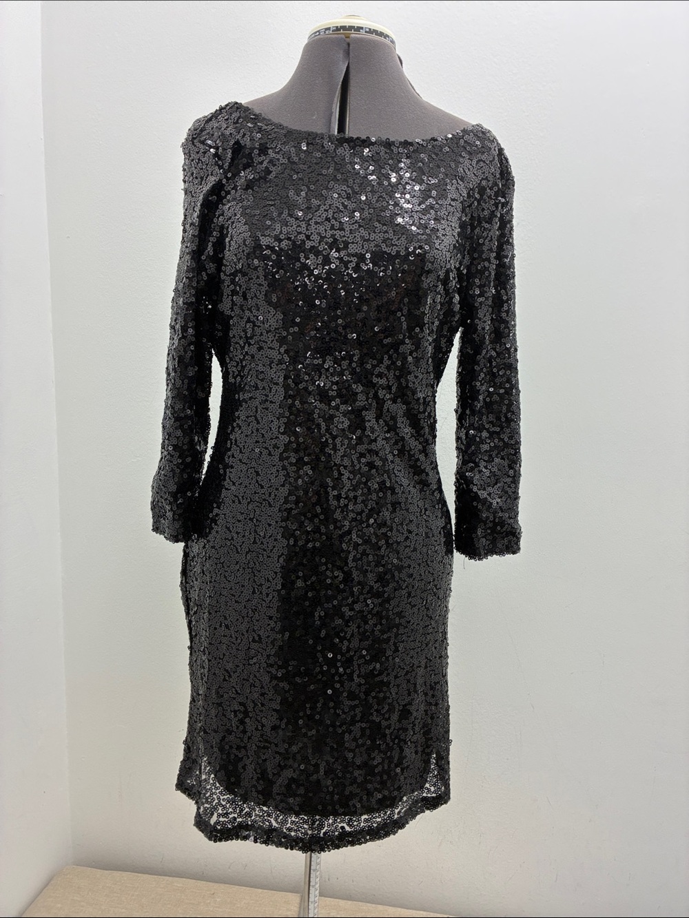 Black Sequin Boatneck Mini Dress with Long Sleeves